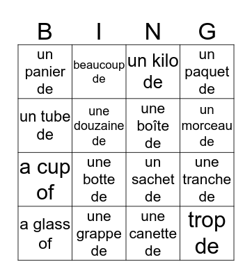 les quantités Bingo Card