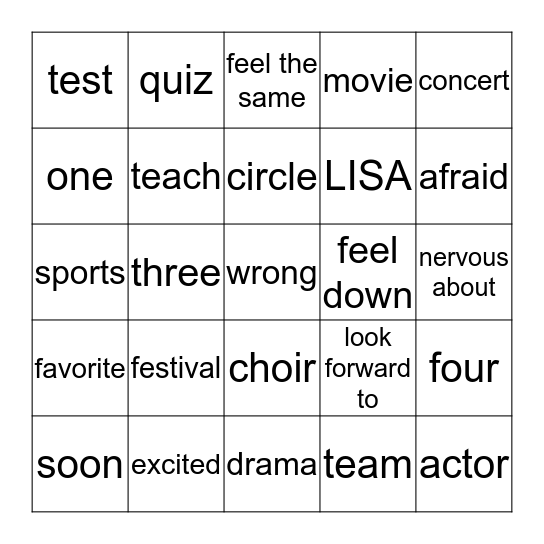 Lesson 1-3 Bingo Card