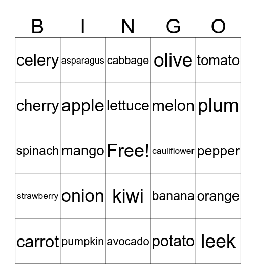 Fruits and Vegetables Bingo Card