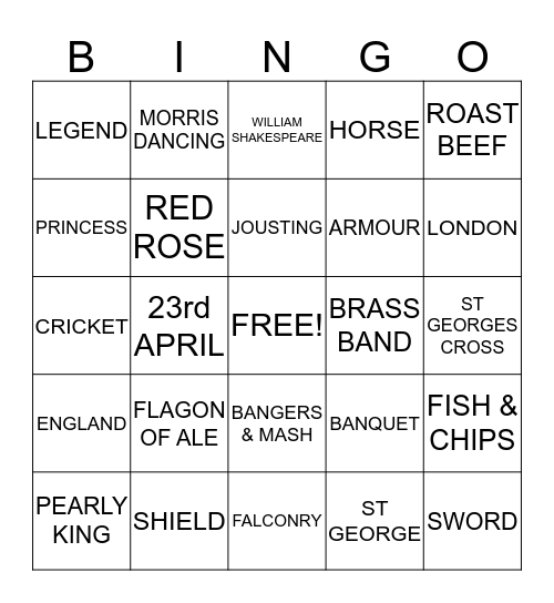 ST GEORGE'S DAY BINGO Card