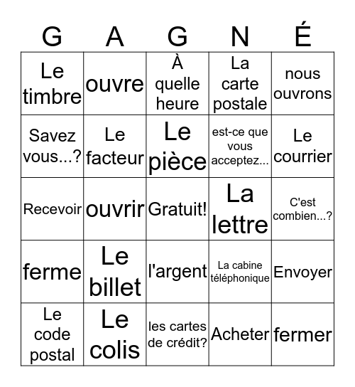 French 1 Unit 13A Public Vs. Private Services Bingo Card