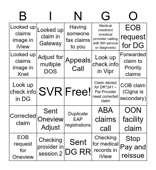 Claims Bingo Card