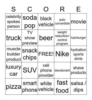 Super Bowl commercials Bingo Card