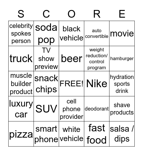 Super Bowl commercials Bingo Card