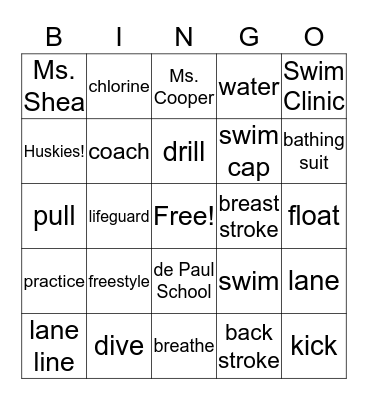 Swimming Bingo Card