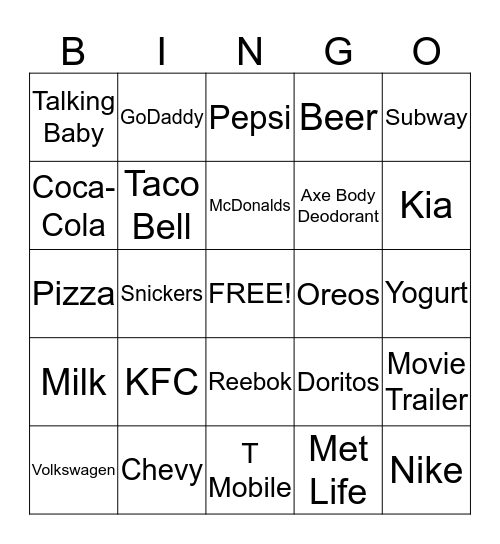 2014 Super Bowl Commercials Bingo Card