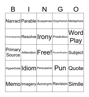 RIT 211-220 I to Z + Figurative Language Bingo Card