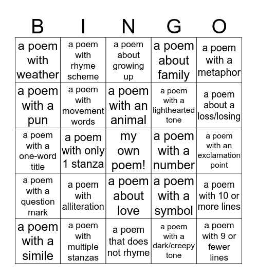 Poem in Your Pocket Day! Bingo Card