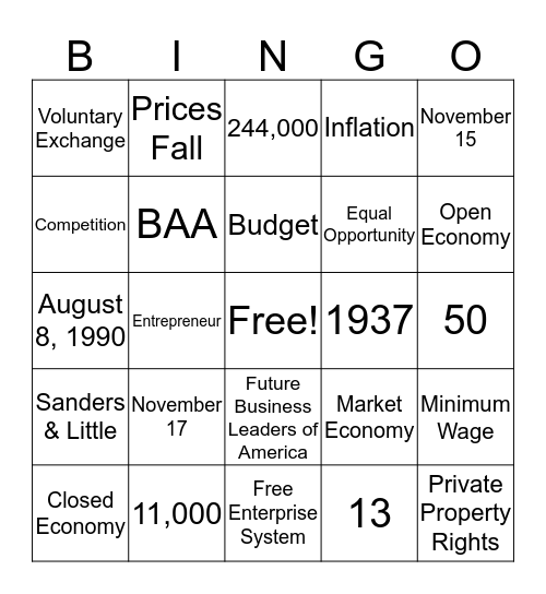 American Enterprise Bingo Card