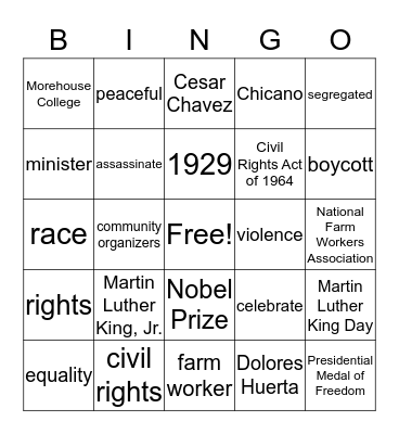 Biographies: Civil Rights Leaders Bingo Card