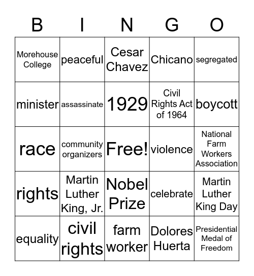 Biographies: Civil Rights Leaders Bingo Card