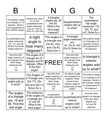 ANGLES BINGO! Bingo Card