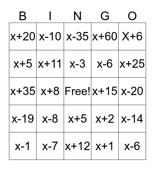 Factoring Bingo Card