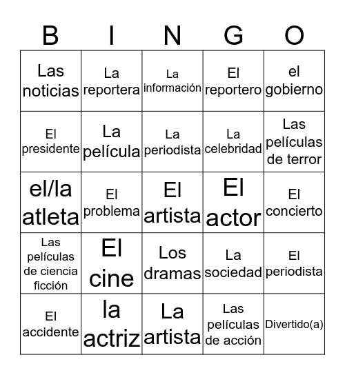 Spanish 1 Quarter 4 Topic 3 (Current Events) Bingo Card