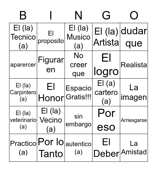 Awesome Spanish Bingo!! Bingo Card