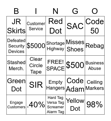 Shortage Bingo Card