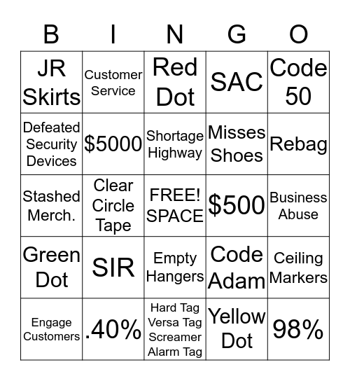 Shortage Bingo Card