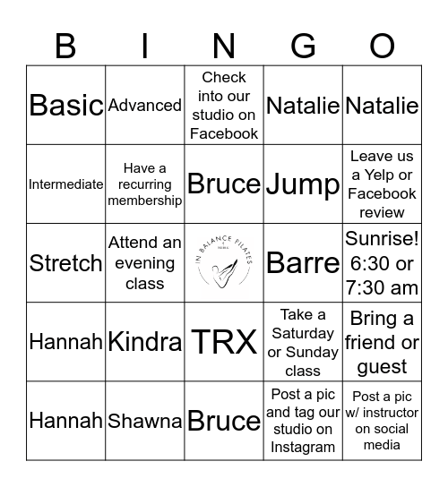 In Balance Pilates, May 2019 Bingo Card