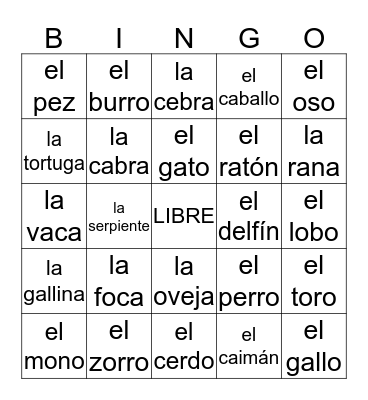 Los Animales Bingo Card