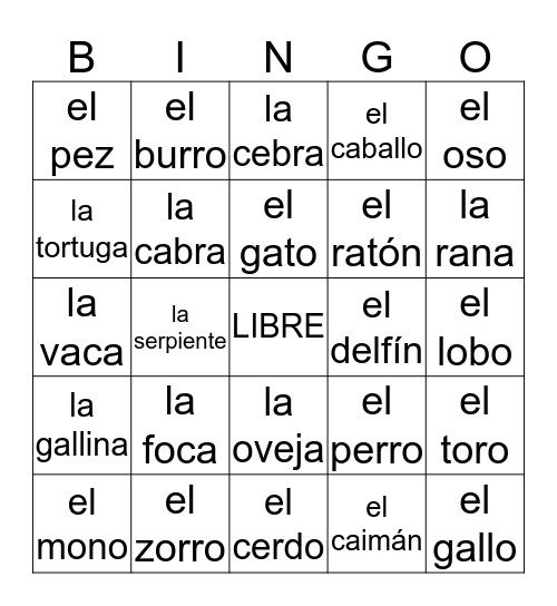 Los Animales Bingo Card