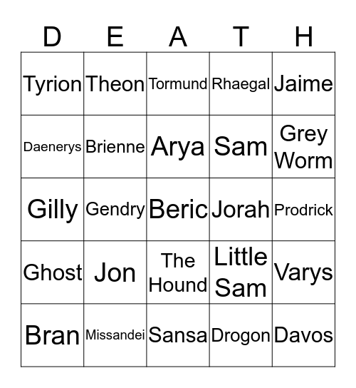 Game of Thrones Bingo Card