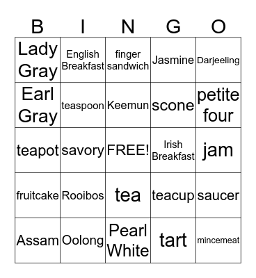 Tea Time Bingo Card