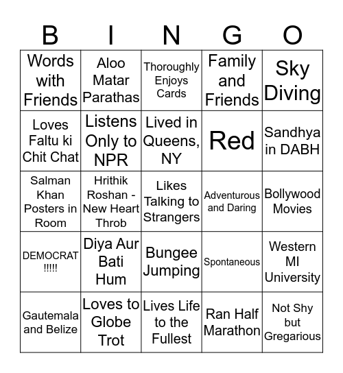 Shalini's 40th Birthday Bingo Card