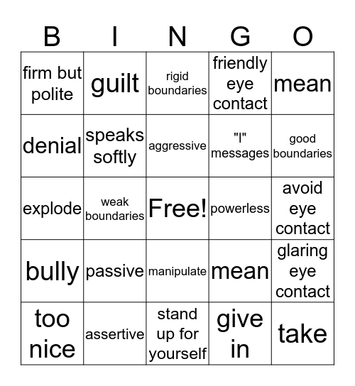 Assertiveness Bingo Card