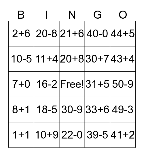 Math Bingo Card