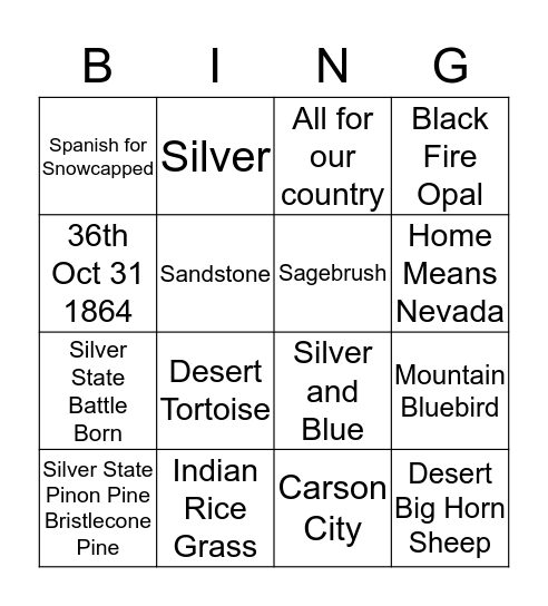 Nevada Facts Bingo Card