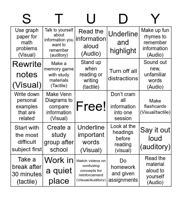 Study Skills Bingo Card