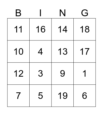NUMBER BINGO Card