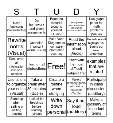 Study Skills Bingo Card