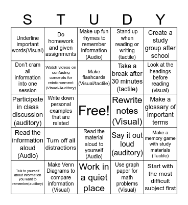 Study Skills Bingo Card