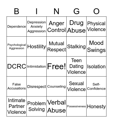 Teen Dating Violence BINGO Card