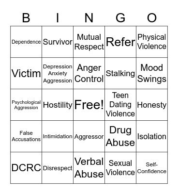 Teen Dating Violence BINGO Card