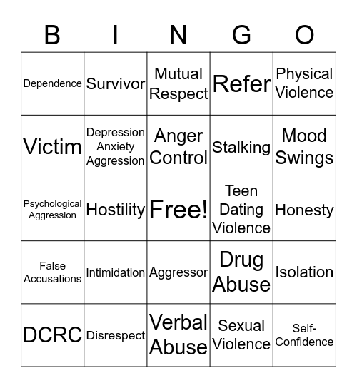 Teen Dating Violence BINGO Card