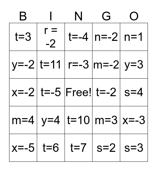Solving Exponents Bingo Card
