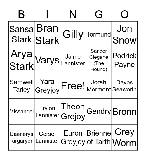 Game of Thrones Bingo Card