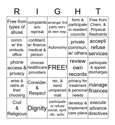 Resident Rights Bingo Card