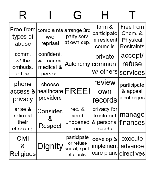 Resident Rights Bingo Card