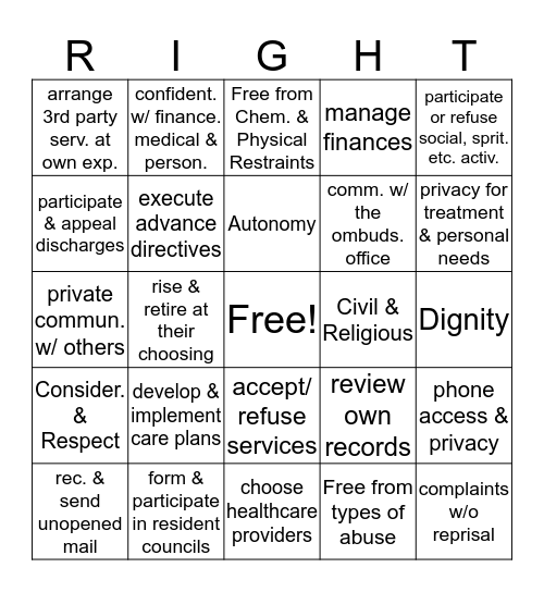 Residents' Rights Bingo Card