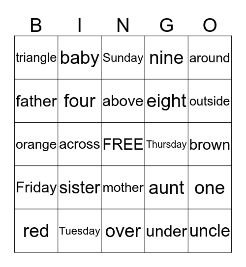 2G Category Words Bingo Card