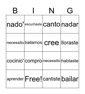 AR, ER, IR Verbs Bingo Card