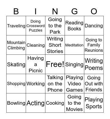 Things I Like to Do Bingo Card