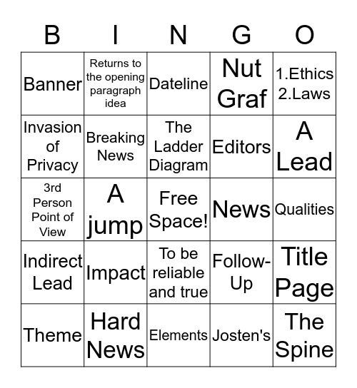 Headlines & Deadlines Bingo Card
