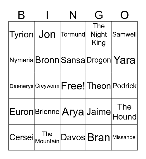 Game of Thrones Bingo Card