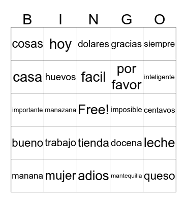 Spanish Vocabulary Bingo Card