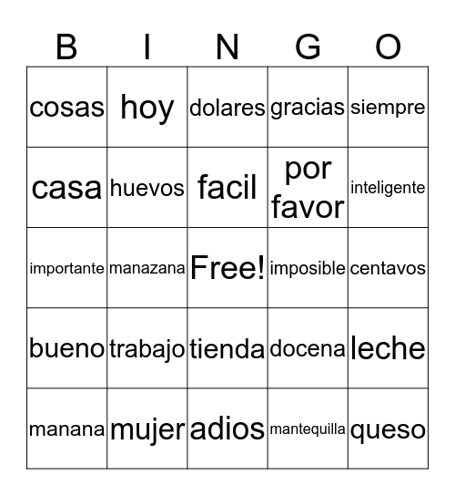 Spanish Vocabulary Bingo Card