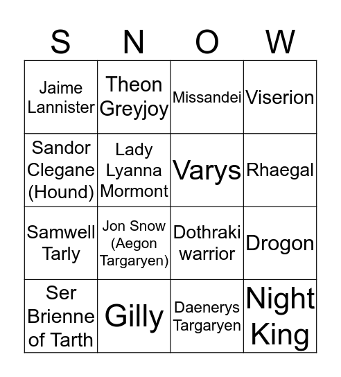 Game of Thrones Bingo Card